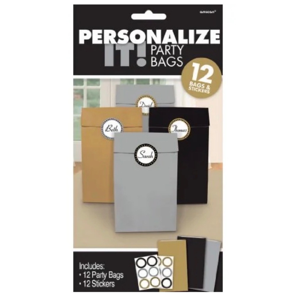 Amscan Personalize It Party Bags 12 Count Black Gold Silver with Stickers Favors